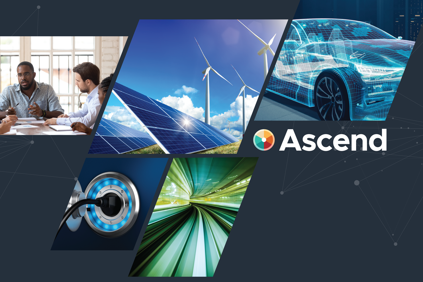 Ascend Energy & Mobility Accelerator, logo and photos of energy and mobility tech